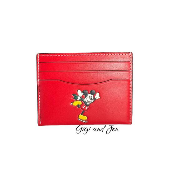 Coach Disney Mickey Unisex Slim Id Card Case With Winter Motif Elictric Red - Picture 1 of 6